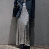 Pbong  Women's Party Clubwear Glitter Shiny Sequined Elastic Waist Spring Summer Vintage Straight Long Skirts Streetwear