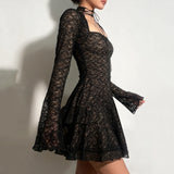 Pbong  Elegant Fashion Sexy Lace A-Line Dress See Through Dark Bandage Backless Square Collar Long Sleeve Mini Dresses For Women