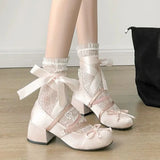 Pbong  Chunky Heel Silver French Women Mary Jane Shoes Spring New Bow Knot Cross Strap Ballet Flats