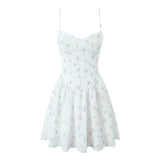 Pbong  Summer Women Fashion Fishbone Slim Floral Print Sling Dress Sexy Low Waist A-line Mini Holiday Party Dress Lace Up Robe