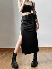Goth Dark Streetwear Black Y2k Cargo Midi Skirts Grunge Gothic Split Sexy High Waist Skirt For Women Korean Fashion Fall Bottoms