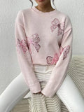 Autumn and Winter Women's Bead Embroidered Bow Sparkling Long Sleeve Hooded Knitted Sweater