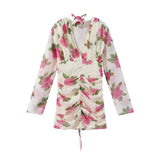 Pbong  Chic Lady Printed Dress 3D Floral Lace Up Long Sleeve V-neck Cinched Waist Female Dress Summer Vacation Streetwear New