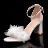 Pbong  Fashion Summer Lace Flowers Pearls Ankle Strap Women Sandals Big Size 35-43 Thick High heels Sweet Girls Party Prom Shoes