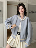 Lace Patchwork Sweet Jacket Women Loose Vintage Preppy Style Cute Coat Female Long Sleeve Korean Retro O Neck Tops Outwear