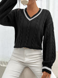 Striped trimmed twisted flower knitted shoulder sweater