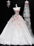Pbong  White Floral Bustier Wedding Dress Exquisite Embroidery Heavy Embellishment Long Train High Waist Gown for Bride