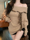 Sexy Off Shoulder Y2K Sweater Women Vintage Leopard Lace Up Knitted Jumper Casual Lazy Wind Long Sleeve Slash Neck Pullover