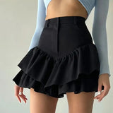 Ruffles Slim Skirts Women Black Temperament High Waist Skirt Femme Street Casual Folds Splice Elegant Skirt Ladies