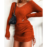 Pbong  Women's autumn and winter sexy slim fit ribbed skirt knitted sweater V-neck long sleeved pleated drawstring base skirt