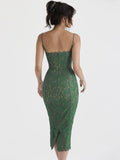 Spaghetti Strap Lace Sexy Midi Dress For Women Gown  Green Sleeveless Backless Club Party Printed Long Dress Vestidos