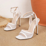 Pbong  New Summer Fashion Crystal Breathable Hollow Out Sandals Women Square Toe Buckle Strap Thin Heels Ladies Shoes