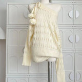 Sweet Sexy Hollow Out Knitted Pullover Women Off Shoulder Japanese Style Elegant Sweater Kawaii Lolita Lace Up Jumpers