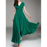 Pbong  Bohemian V-neck Short Sleeve Wrap Waist Chiffon Evening Dress Ankle Length Regular Sleeve Polyester Fiber Empire Waistline