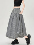 Pbong  Vintage Plaid Long Skirts Women Loose Y2K High Waist A Line Skirts Japan Retro Casual All Match Black White Plaid Skirt New