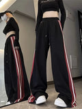 Pbong  Vintage Women Striped Sweatpants High Waist Loose Streetwear Trousers American Retro Lace Up Patchwork Bf Wide Leg Pant
