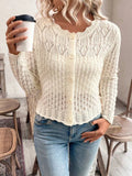 Spring and Autumn Women's Elegant Solid Color Round Neck Hollow Button Front Cardigan Sweater