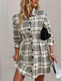 Pbong  Lapel Single-breasted Cardigan Dresses Spring Autumn Lady Long Sleeves VestidosStreetwear Fashion Checkered Print DressesCasual
