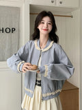 Lace Patchwork Sweet Jacket Women Loose Vintage Preppy Style Cute Coat Female Long Sleeve Korean Retro O Neck Tops Outwear