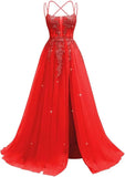 Pbong  Lace Applique Sparkly Tulle Prom Dresses for Women with Slit Spaghetti Straps Backless A Line Long Ball Gown
