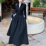 Hebe Style Long Sleeve  Collar Dress Women's Spring Autumn New Design Black Slim Fit A-Line Skirt High Waist  Sweet
