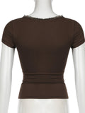 Casual Lace Trim Bandage T Shirt Slim Basic Deep V-Neck Short Sleeve Tees Women 2024 Summer Fashion Streetwear Ladies
