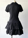 Y2k Vintage Black Lace Shirt Dress for Women Slim Waist All-match Dresses Summer New Short Sleeve Vestidos De Mujer