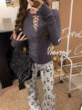 Half Lace Up Sweater for Women Long Sleeve Slim Fit Knitted Tops Pullovers Femal Lace-up Jumper Autumn Winter Y2K Outfit