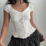 French Summer V Neck Short Sleeve Temperament Shirts Y2k Sweet Lace Splcied Single Breasted Clothes Harajuku Thin All Match Tops