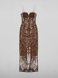 Sexy V Neck Spaghetti Straps Slit Long Dress Luxury Sleeveless Sequins Flower Bodycon Dress Celebrity Runway Club Party Dress