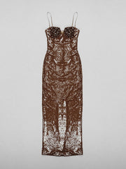 Sexy V Neck Spaghetti Straps Slit Long Dress Luxury Sleeveless Sequins Flower Bodycon Dress Celebrity Runway Club Party Dress