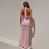 Halter Lace Draped Ruched Sexy Maxi Dress Women 2025 Summer Patchwork Backless Slit Slim Long Dress Female Vacation Beach Dress
