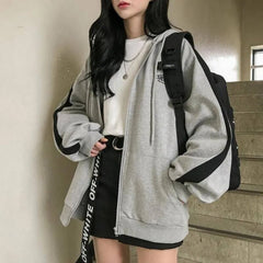 Korean Style Zip Hoodie Women Autumn Harajuku Loose Long Sleeve Patchwork Oversized Hoodie Casual School Clothes