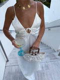 French Vacation Satin Long Dress Fashion Backless Sexy Slip Dress For Women New Light Beige Party Beach Summer Vestidos
