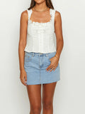 Vintage Y2K Sweet Ruffles White Tank Tops Single-Breasted Slim Cute Fairy Eyelet Tops Women 2024 Ladies Chic Camisole Clothes