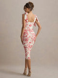 Floral Print Backless Sexy Maxi Dress For Women Gown Spaghetti Strap Square Collar Ruched Bodycon Club Party Dress