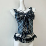 Pbong  2000s American Vintage Slim Sexy Camis Y2k Subculture Hot Girl Sleeveless Tops Harajuku Plaid Patchwork Dark Gothic Tanks Chic