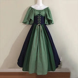 Pbong  Halloween Costumes for Women Medieval Retro Contrasting Color Slim Swing Dress One-word Shoulder Dress Love Live Cosplay