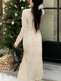 Women Autumn Velvet Midi Dresses Sexy V-neck Floral Solid Long Sleeve Slim Vintage Dress Elegant Party Mermaid Clothing Vestidos