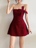 Trendix Sequins Tube Top Dress Ladies Fashion Bow Patchwork High Waist Sleeveless Mini Dress Party Sexy Off Shoulder Dress Women