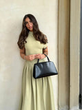 Women Fashion Slanted Shoulder High Waist Pleated Dress Elegant Sleeveless V-neck Long Robes Vocation Beach Street Vestidos