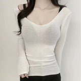 Pbong  Spring New Slim Fit Big Chest Tops Tight Thin Slightly Transparent Long Sleeved Low Cut Bottom Shirt Women Show Figure T-shirt
