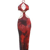 Metal Patchwork Sexy Backless Maxi Dress Women Butterfly Lace-Up Halter Irregular Hollow Splits Beach Party Vestidos