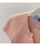 Summer V-Neck Short Sleeve Thin Tshirts Women Pastel Colored Button Knitted T-Shirts Teen-girl Stretch Fitted Tees Y2K Clothing