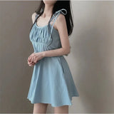 Summer Chic Vintage Slimming Pleated A-Line  Dress Women's Trendy Strapless Cotton High Waist Short Skirt Casual X-Shape