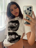 Simple Lip Print t-Shirts Women High Elasticity Wide Collar Leisure Summer Trend Skinny Versatile Classic Comfort Tops