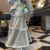 Kawaii Harajuku Plaid Skirt Women Preppy Style Sweet Long Skirts Retro Lace Patchwork A-line Ruffle Skirts Streetwear
