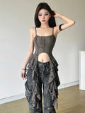 Y2k Aesthetic Patchwork Ruffles Clothes Sexy Women High Street Punk 2024 Top Sleeveless Crop Tanks Summer New Popular Clothing