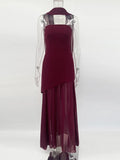 Strapless Slit Long Dress With Ribbon Female Sleeveless Mesh Elegant Beach Vacation Dress Spring New Women Dress