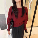 Pbong  Gentle One-Shoulder Lantern Sleeve Knitted Sweater Loose Fit Autumn Winter Fashion Single Wear Inner Match Versatile Shoulder